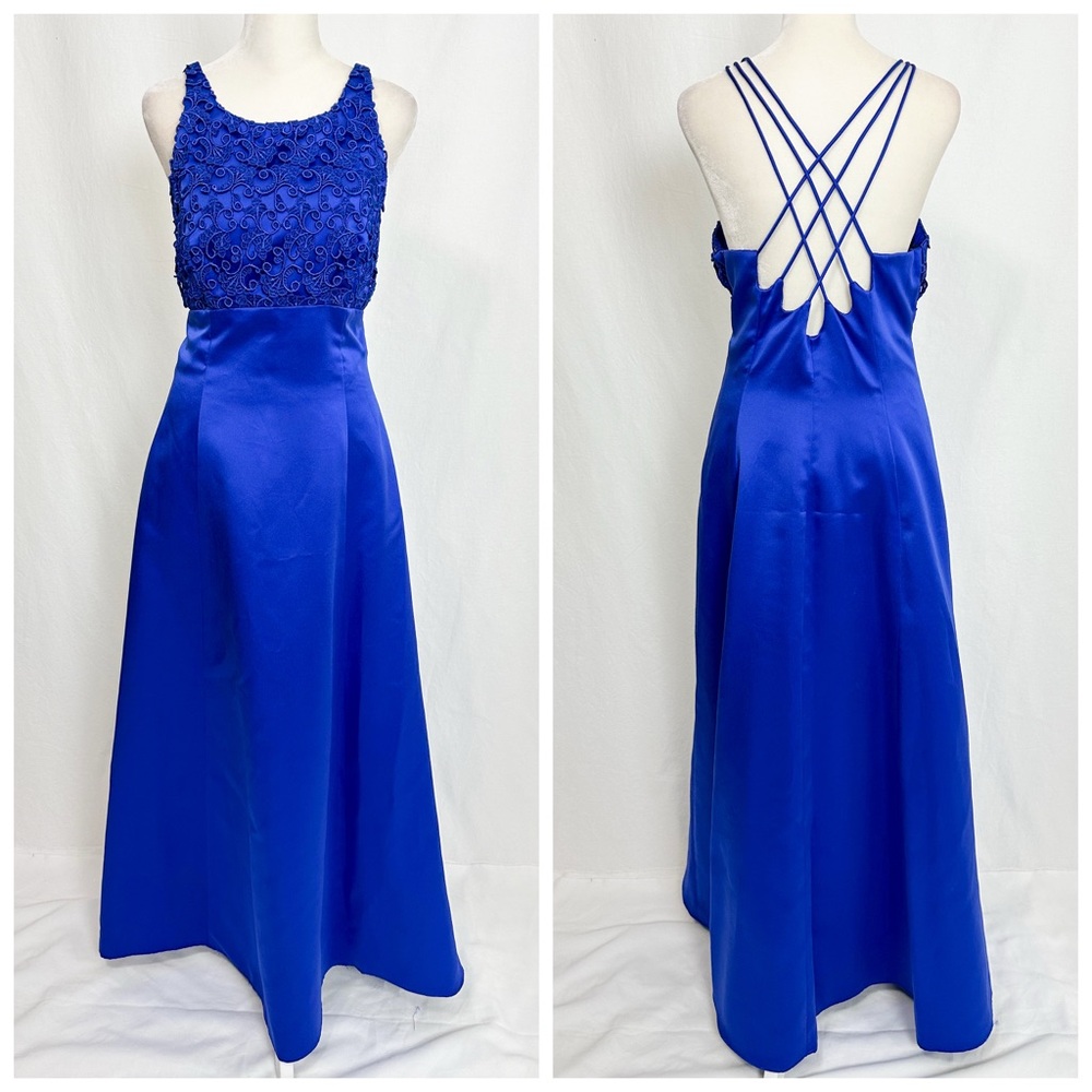 Vintage Bari Jay Vibrant Blue Satin Prom dress with crisscross back
